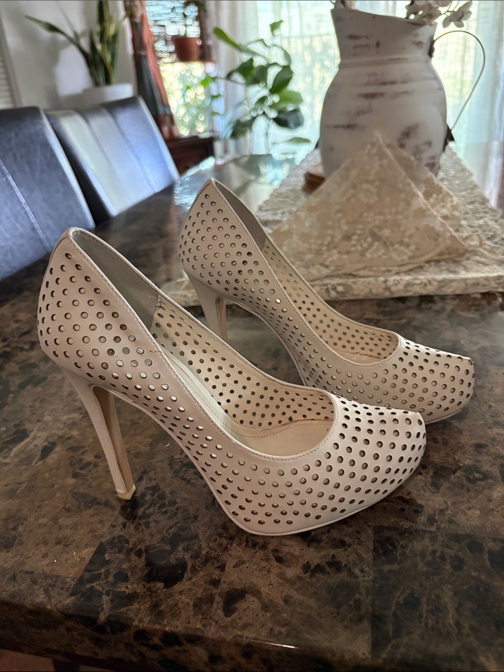 Elegant Women's White High Heel Pumps with Perforated Detail from BGCB.